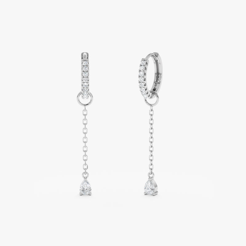 Pair of solid 14k white gold single diamond drop earring huggie charm 
