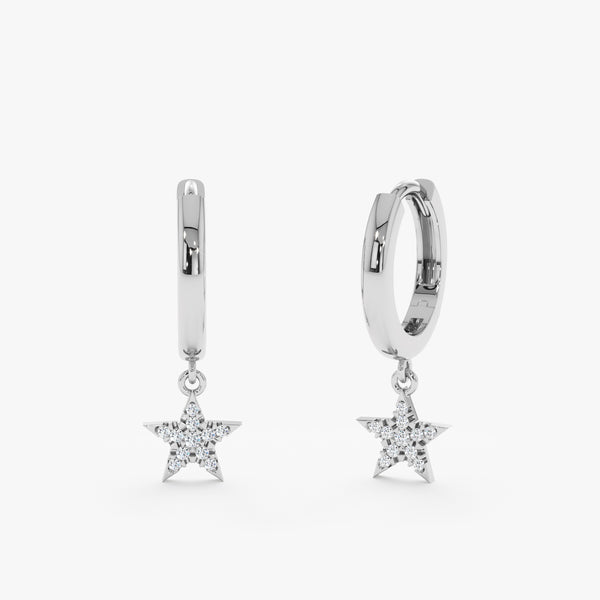 Pair of 14k solid white gold silver star charm huggies