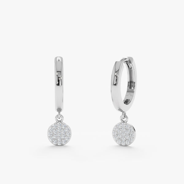 Pair of 14k solid white gold paved diamond disc charm hanging huggies 
