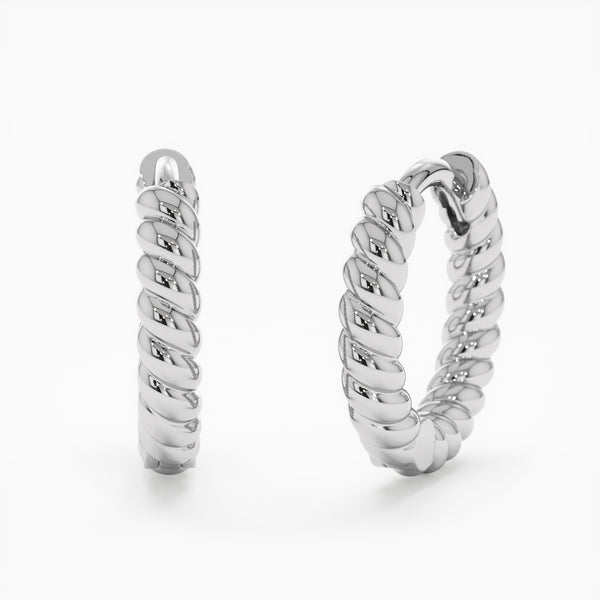Handcrafted 14k solid white gold hoop earrings in minimal twisted design.