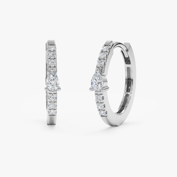 white gold thin diamond hoop earring with pear shaped diamond