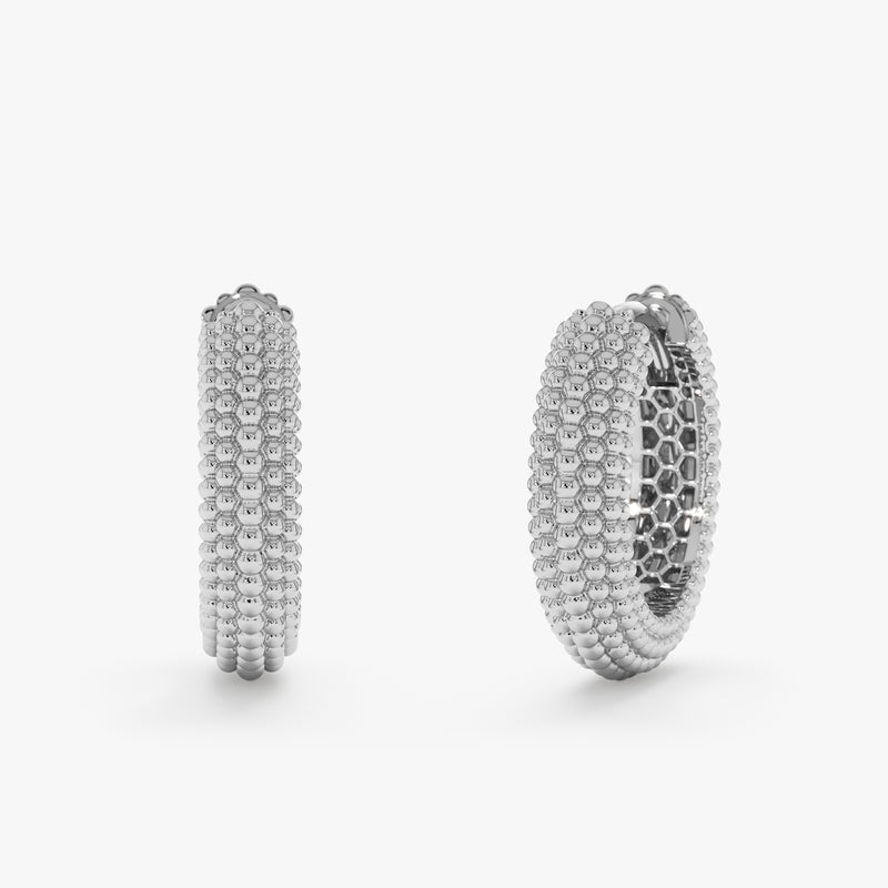 Gold Beaded Hoop Earrings, Solid Gold Textured Huggie Hoops, Dionea