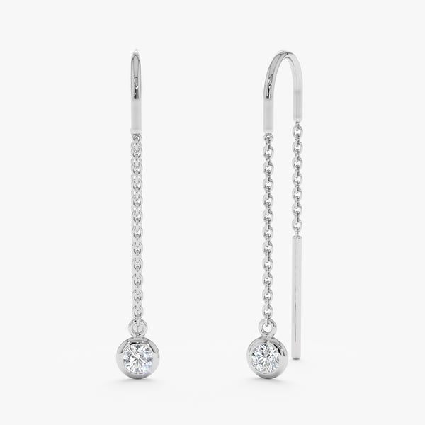 Pair of single diamond threader earrings in 14k solid white gold 