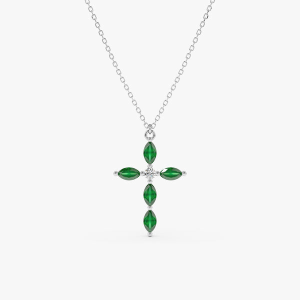 Solid Gold Natural Marquise Emerald Cross Necklace, Aida