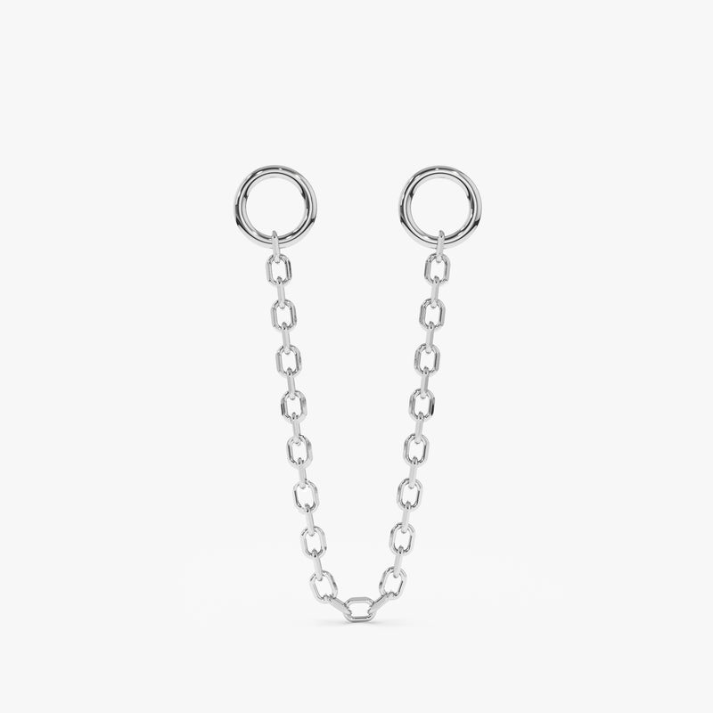 Hanging cable chain earring huggie charm in solid 14k white gold