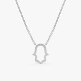 solid white gold necklace with hamsa hand pendant with lined diamonds