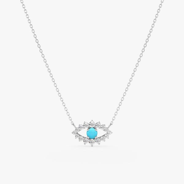 handmade solid white gold necklace with diamond eye pendant with turquoise stone