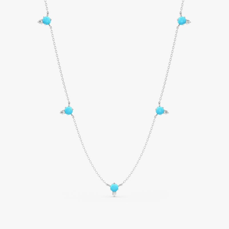 handcrafted solid white gold necklace with multiple turquoise stones and Natural white diamonds 