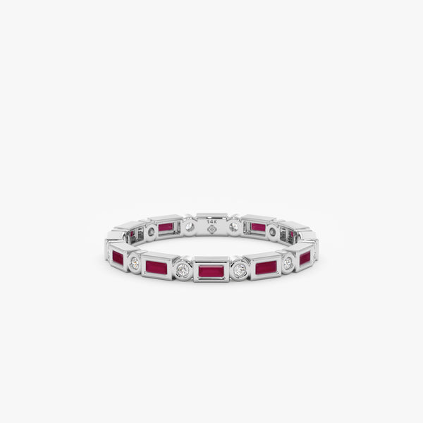 white gold baguette ruby round diamond band