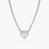 Handmade solid white gold cuban chain necklace with pearl heart pendant in lined diamonds