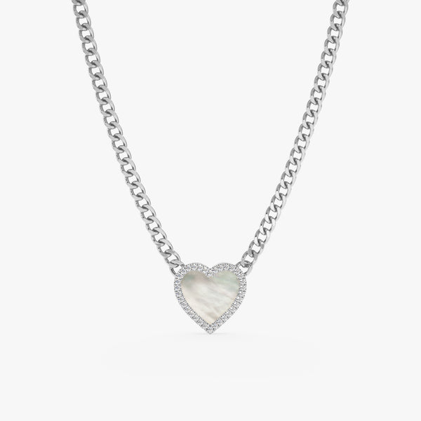 Handmade solid white gold cuban chain necklace with pearl heart pendant in lined diamonds
