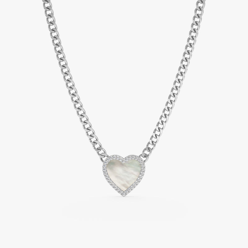 Handmade solid white gold cuban chain necklace with pearl heart pendant in lined diamonds