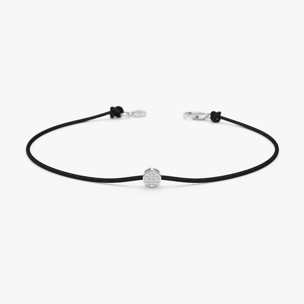 string bracelet with natural diamond paved disc charm in white gold