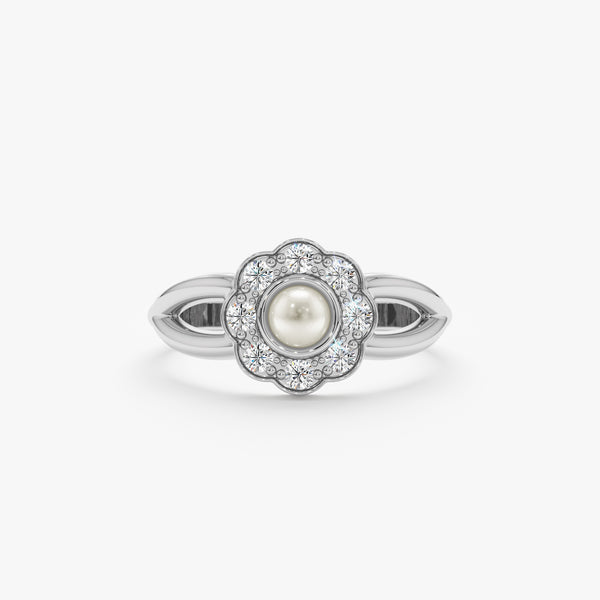 solid white gold pearl and diamond daisy ring
