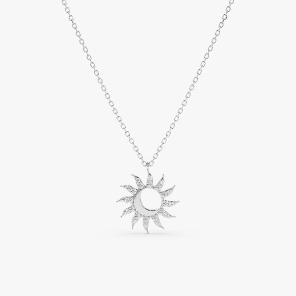 handmade solid 14k white gold sun and moon pendant with diamonds
