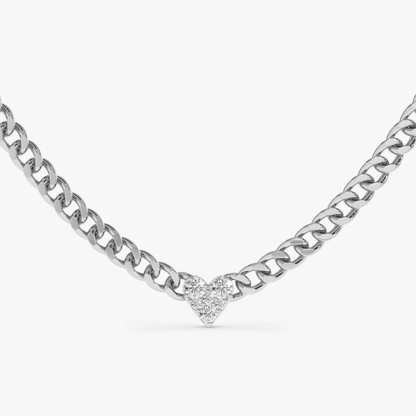 handcrafted solid 14k white gold cuban chain necklace with dainty heart diamond pendant 