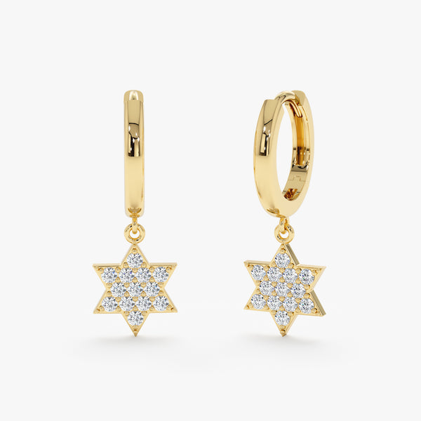 Pair of star of david charm huggie with diamonds in 14k solid gold