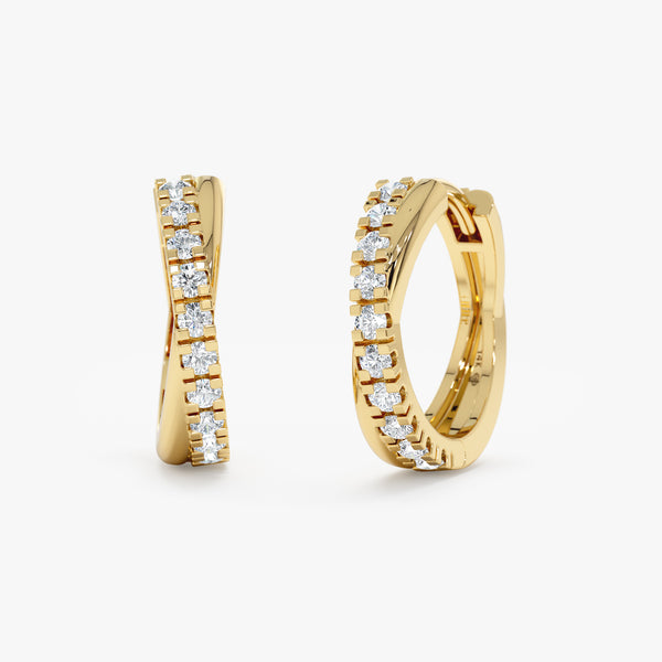 diamond lined X- shape solid gold 14k hoop earrings