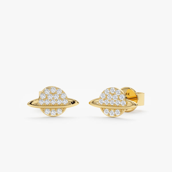 handcrafted pair of Solid 14k gold saturn stud earrings with paved diamonds