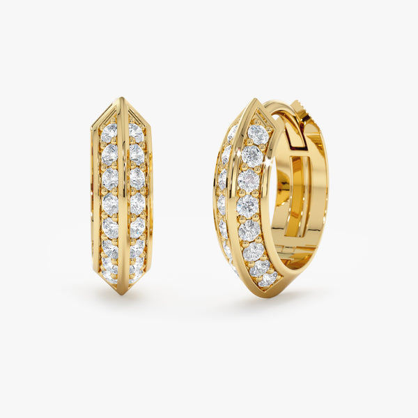 pair of double edge hoop huggie earrings lined in diamonds handmade 14k solid gold