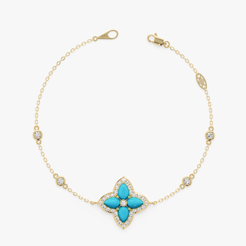 Turquoise Flower Bracelet, Clover Design, Dainty Turquoise, Eirlys
