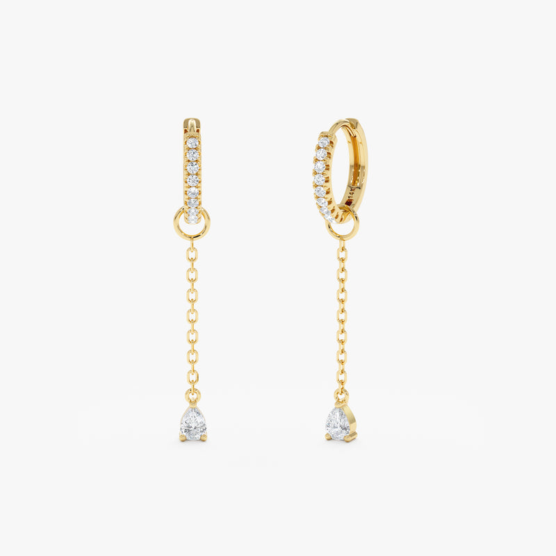 Pair of handmade single diamond drop earring charm for huggies made in 14k solid gold