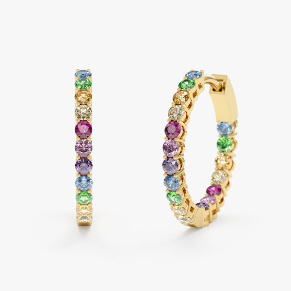 natural rainbow sapphire large hoops in yellow gold