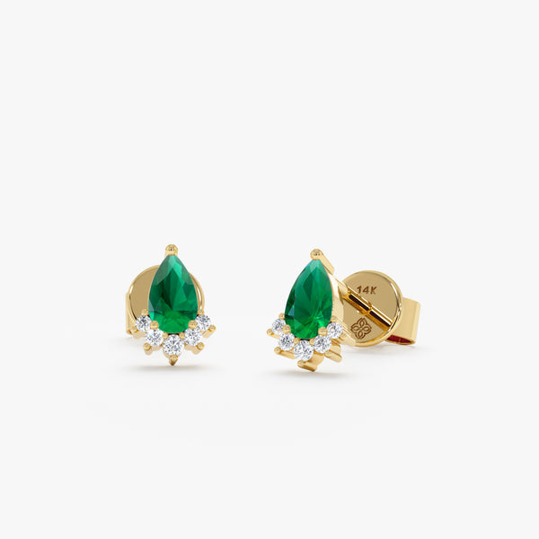 Dainty emerald and diamond stud earrings in 14k/18k yellow gold. perfect gift for her. 
