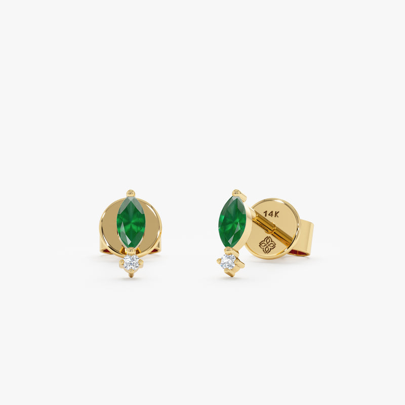 Handmade marquise emerald and diamond stud earrings in 14k solid gold.