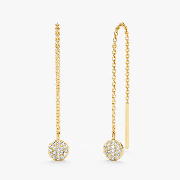 Pair of threader hanging earrings in 14k solid gold with paved diamond disc