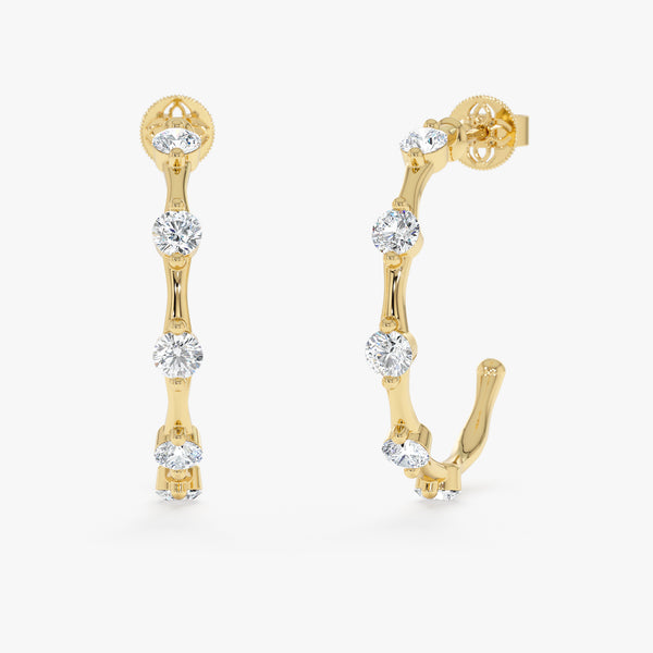 Solid Gold Half Hoops, Modern Spaced Diamond Earrings, Zinara