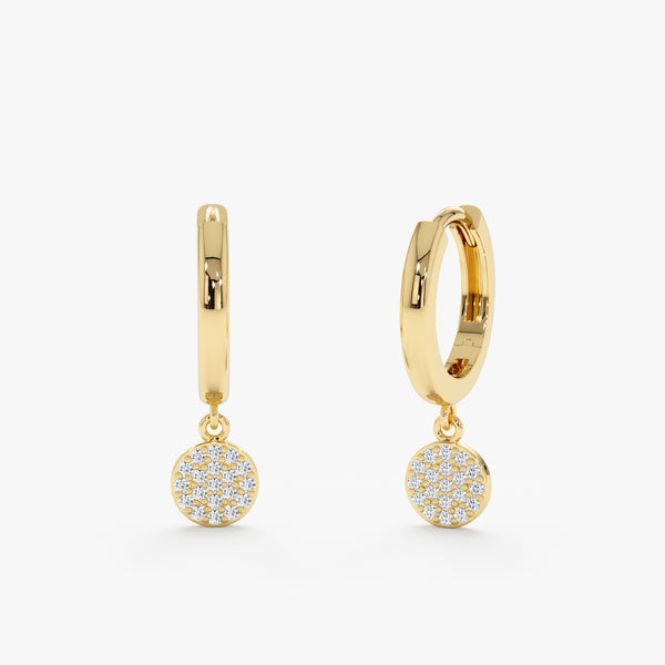 Pair of solid 14k gold paved diamond disc charm huggie earrings 
