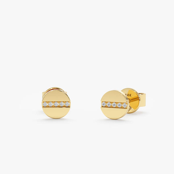 Pair of handmade 14k solid gold flat stud earrings with lined diamonds