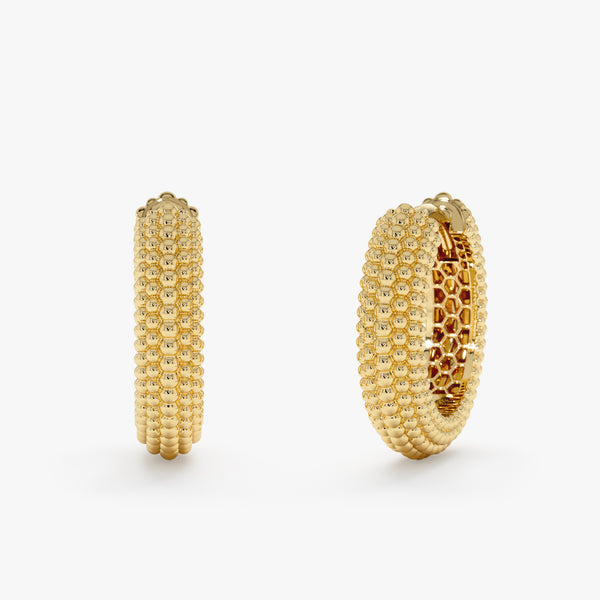 Gold Beaded Hoop Earrings, Solid Gold Textured Huggie Hoops, Dionea