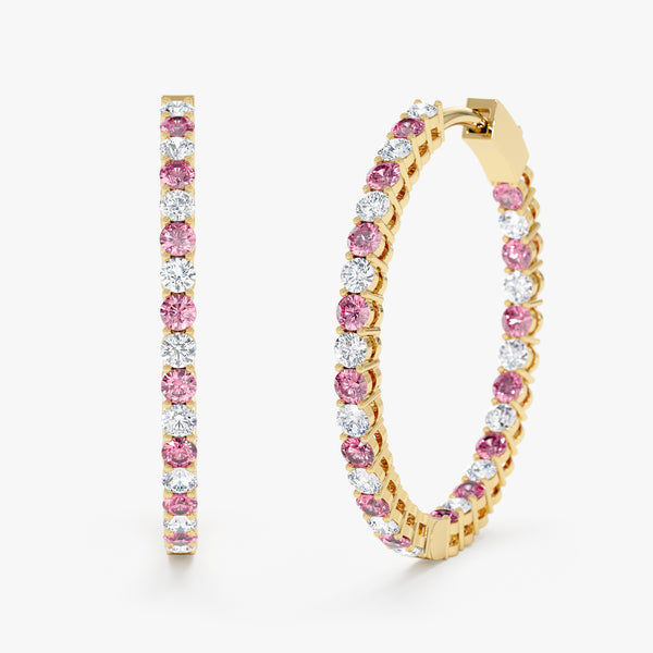 yellow gold pink and white sapphire huggies