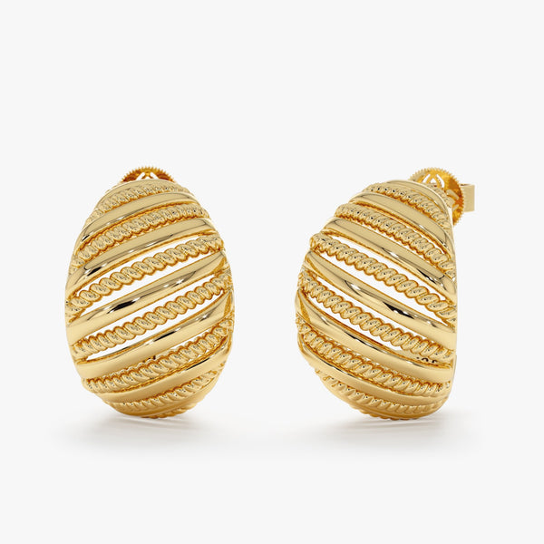 Gold Textured Hoop, Solid Gold Ribbed & Beaded Hoops, Evadne