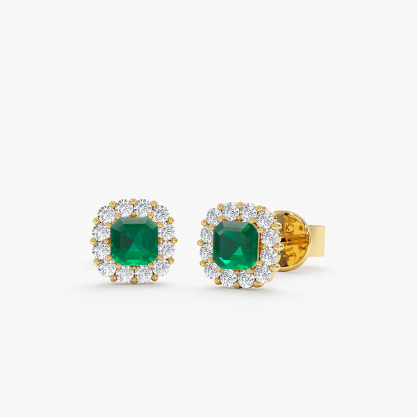 Emerald Diamond Halo Stud Earrings, Ema