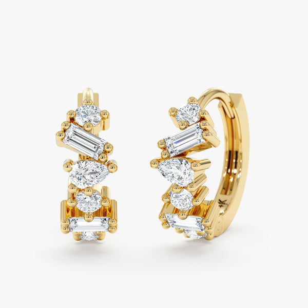 Pair of solid 14k gold mixed cluster diamond huggies