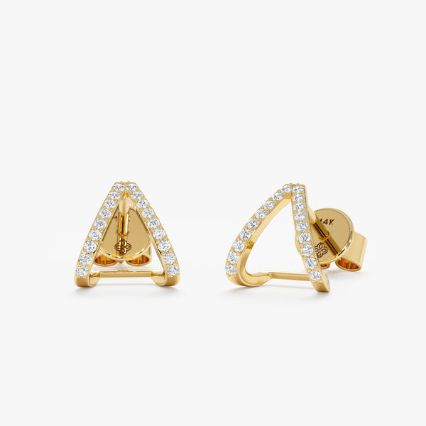 handmade pair of solid 14k gold v shape arrow stud earrings with lined diamonds