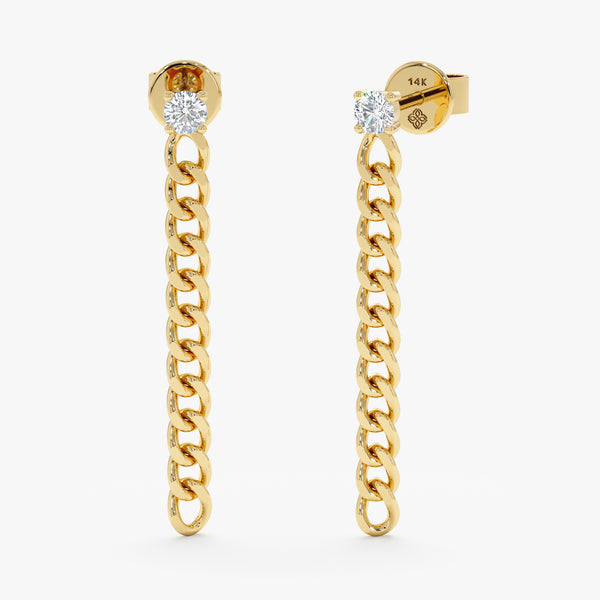 Solitaire diamond stud with drop down cuban chain in 14k solid gold 