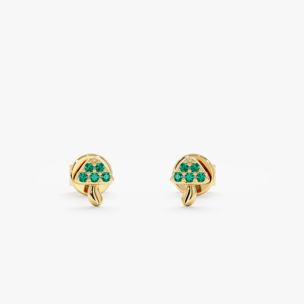 Handmade gold earring mushroom studs with green emeralds in 14k solid gold. 