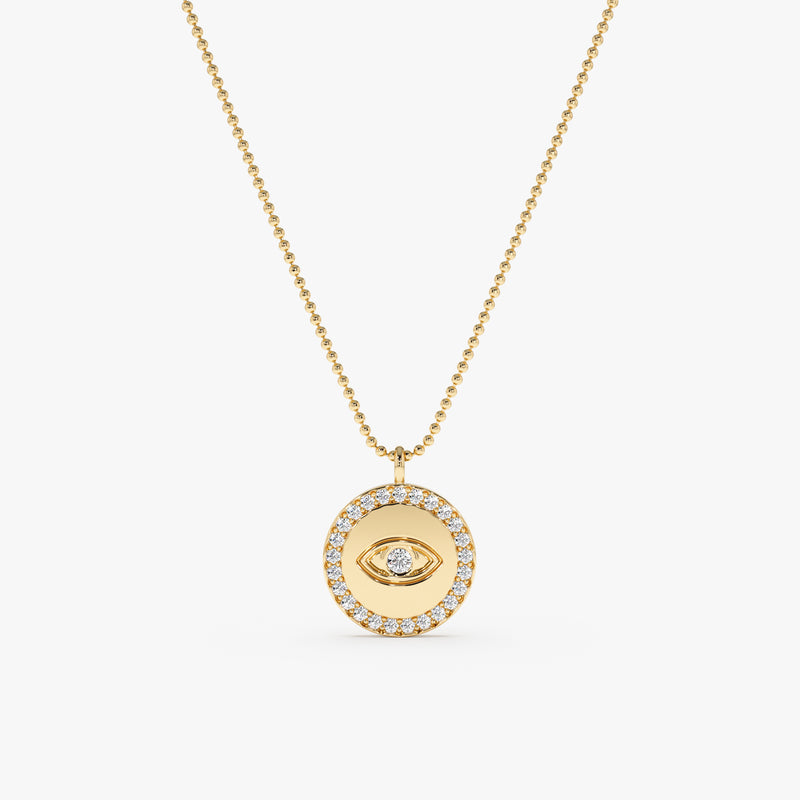 handcrafted solid gold eye medallion with natural diamonds and ball chain