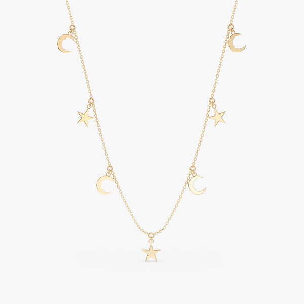 handmade solid gold moon and star hanging charms necklace