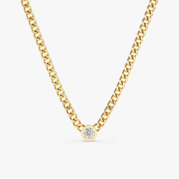 handmade solid yellow gold necklace with single white diamond bezel