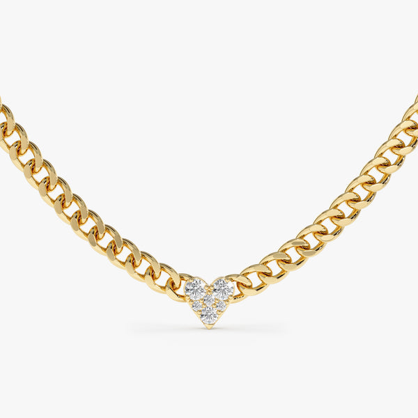 handmade solid gold cuban chain necklace with natural diamond heart pendant