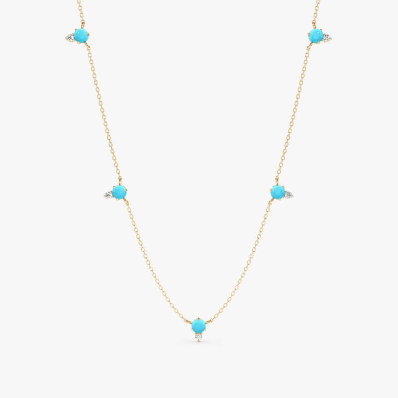 Handmade solid gold necklace with natural multiple turquoise and diamonds station necklace