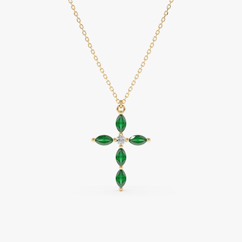 handmade solid gold natural marquise emerald cross pendant necklace