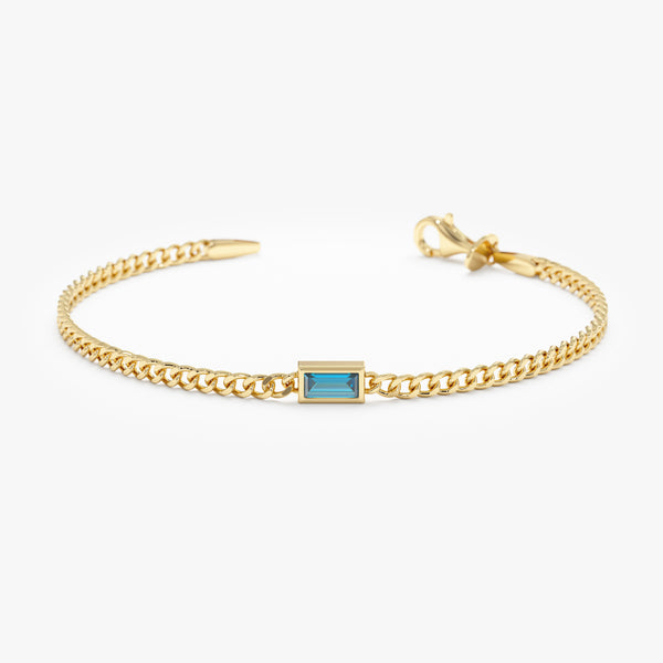 14k Solid Gold Petite London Blue Topaz Cuban Chain Bracelet, Blaise