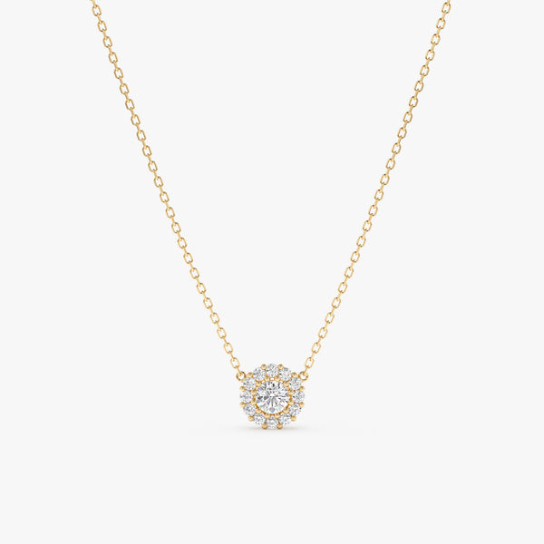 handmade solid 14k gold necklace with halo pendant in paved natural diamonds