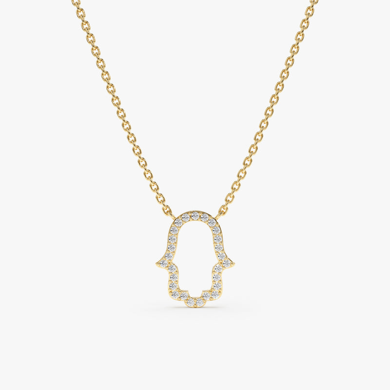 handmade solid gold hamsa hand outline with lined diamonds necklace